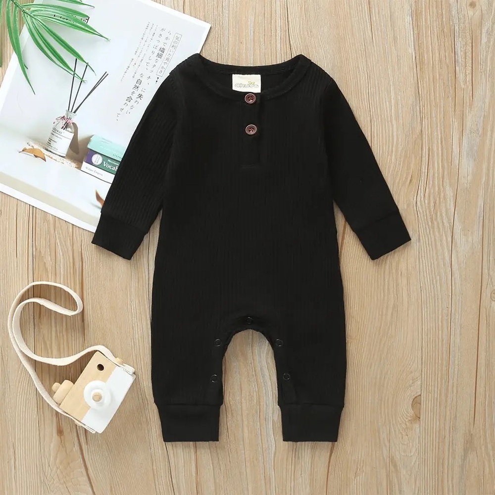 Baby Romper in Black with Henley Button Detail